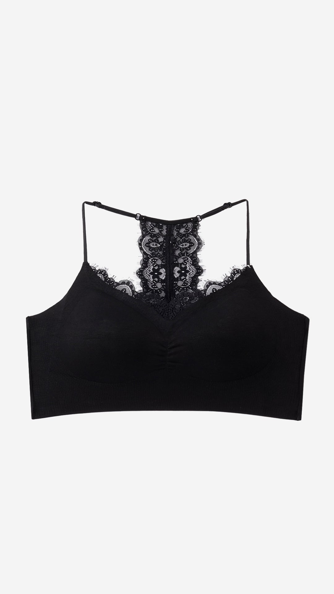Product shot of black racerback lace bralette on white background