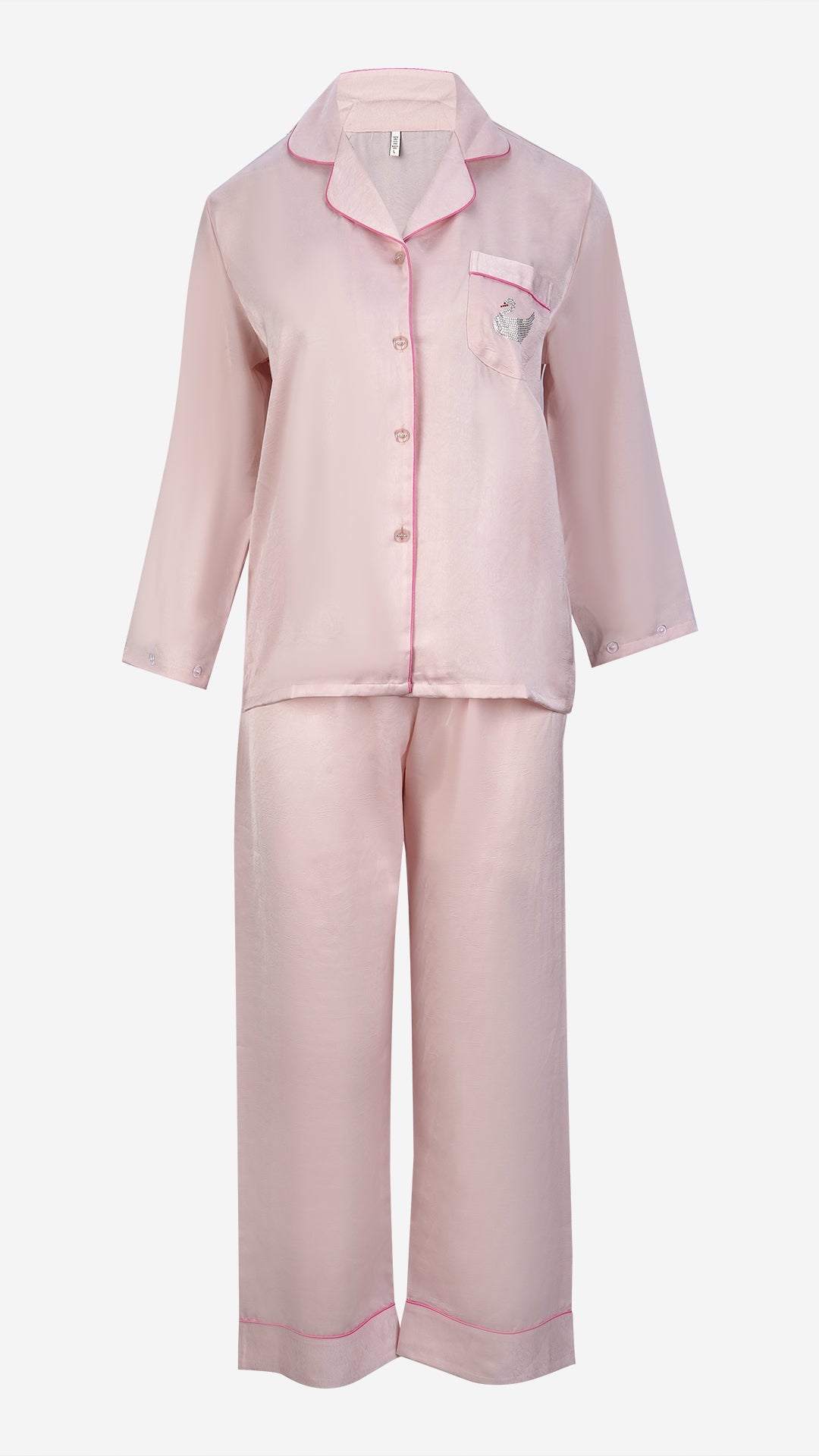 Pink Silk Satin Feather-Cuff Pajama Set