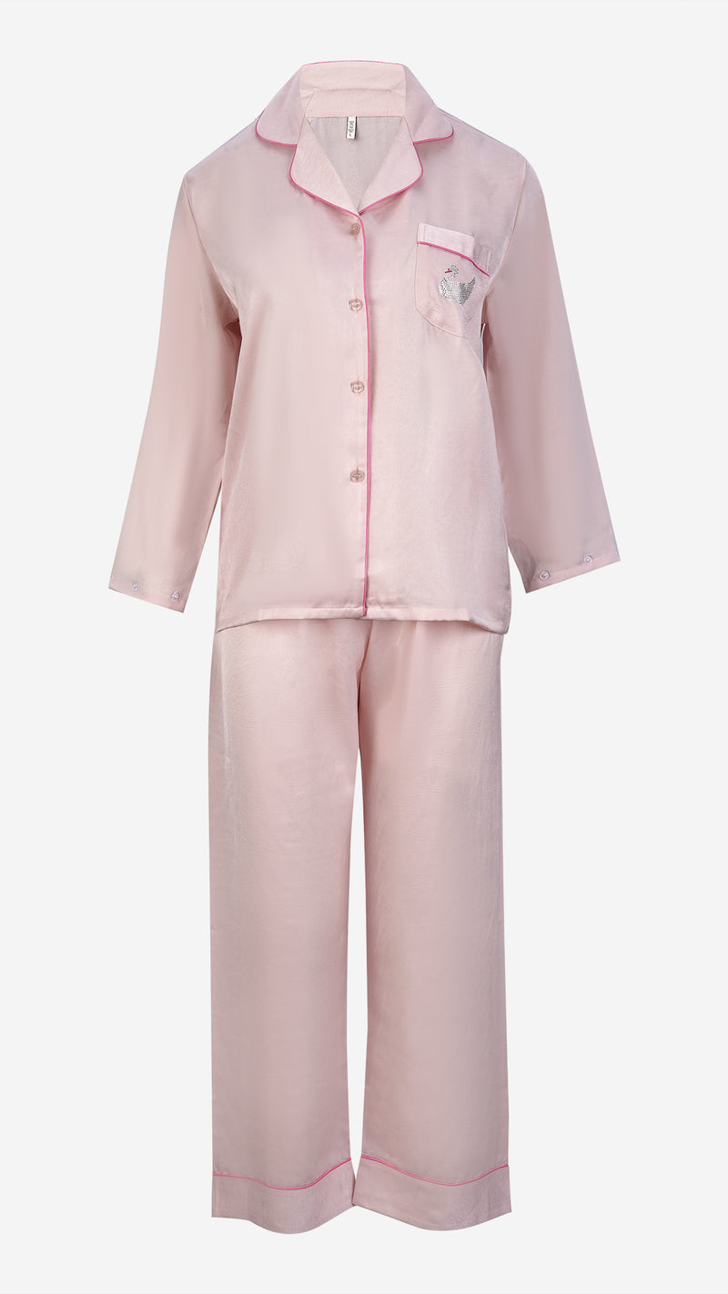 Pink Silk Satin Feather-Cuff Pajama Set