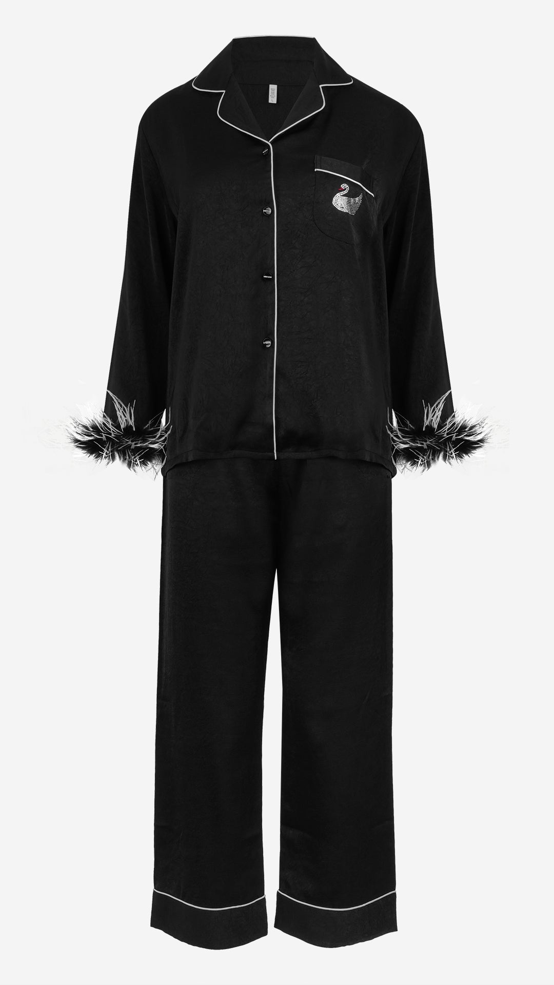 Black Silk Satin Feather-Cuff Pajama Set