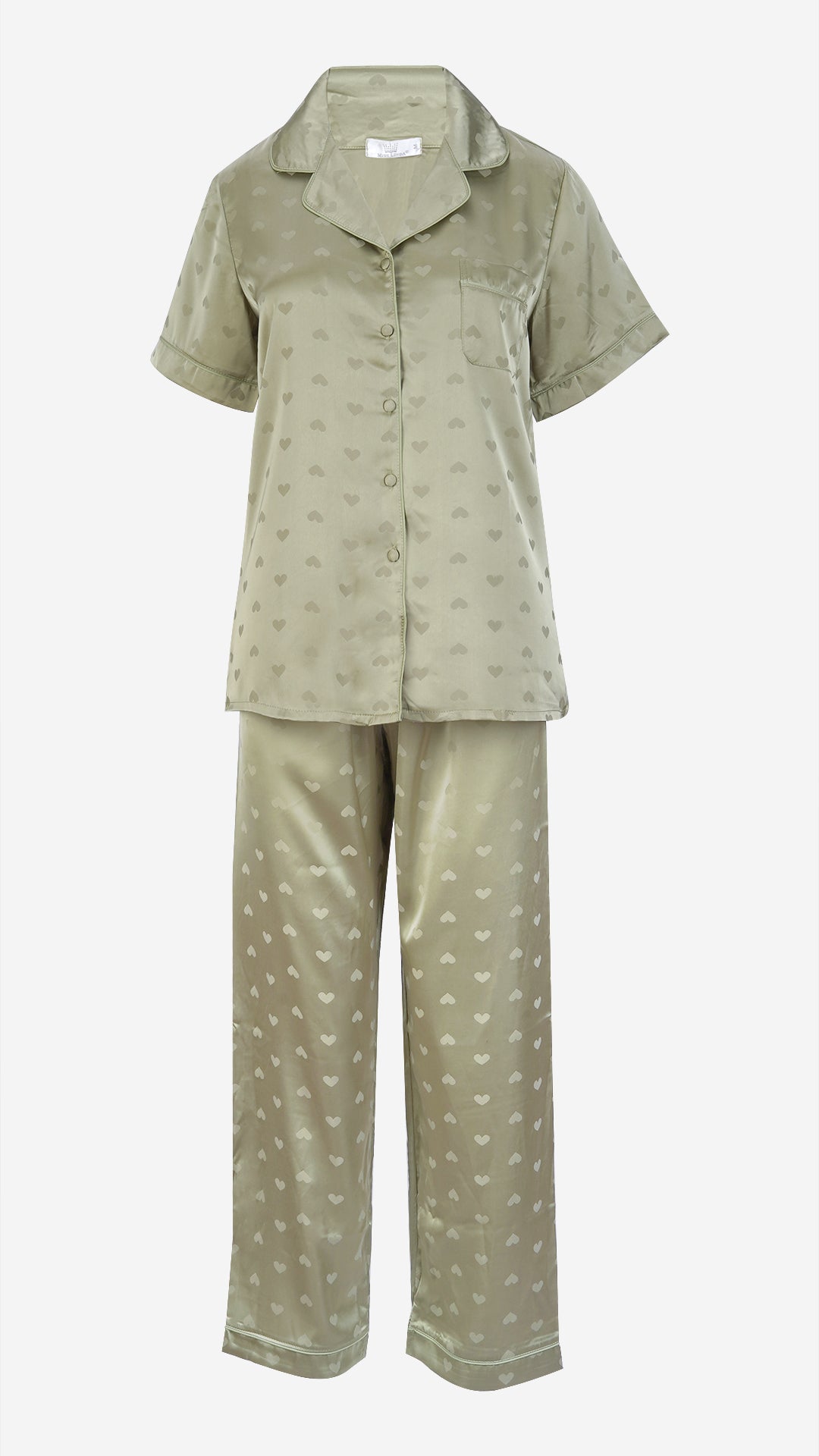 Mint Heart Jacquard Satin Pajama Set — Shirt, Shorts & Pants