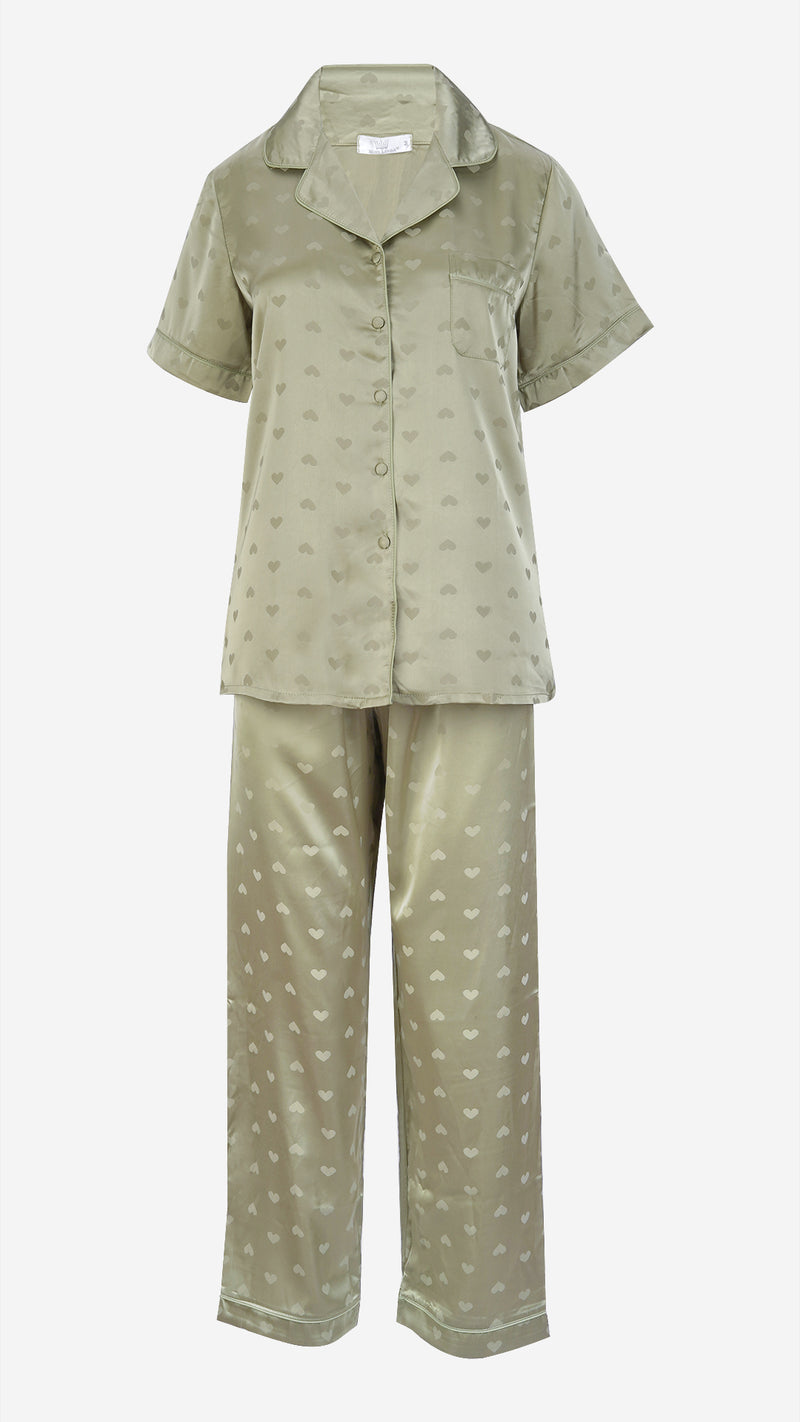 Mint Heart Jacquard Satin Pajama Set — Shirt, Shorts & Pants