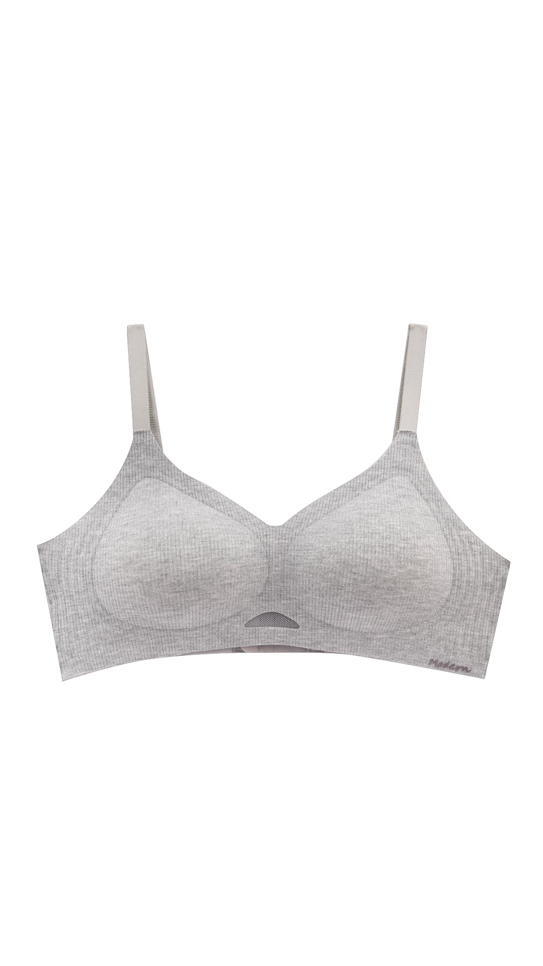 Product shot of grey ribbed seamless wireless bra on white background