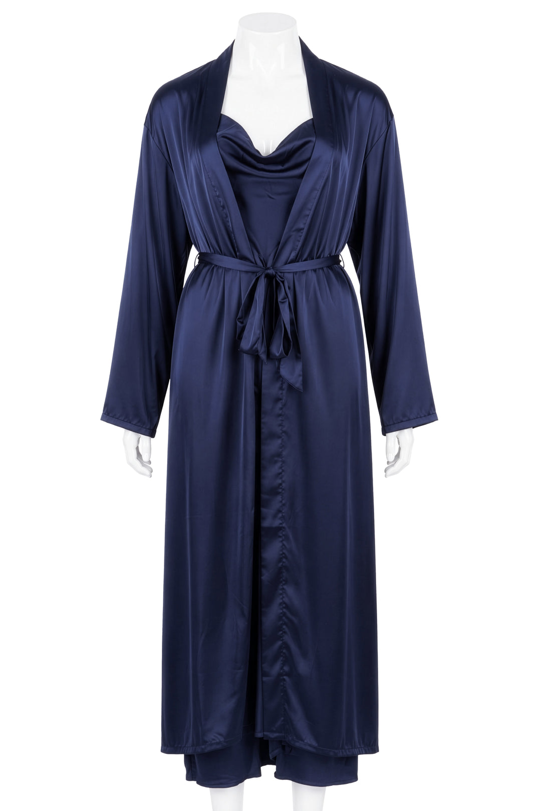 Navy satin robe with tie belt over slip dress on mannequin, front view
