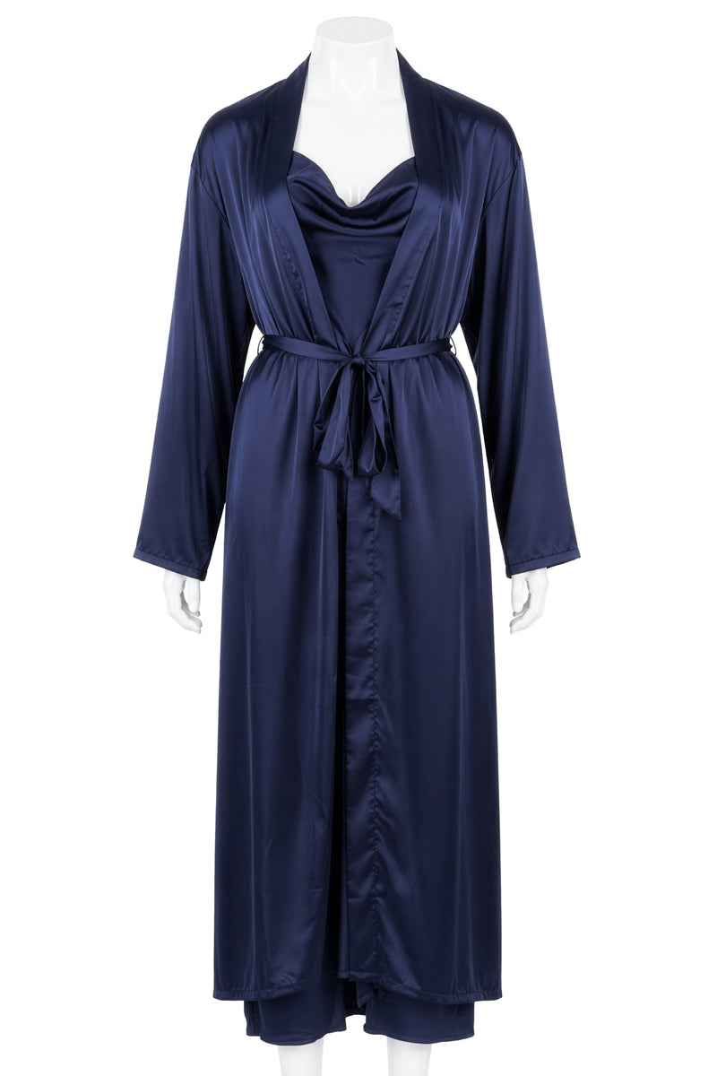 Navy satin robe with tie belt over slip dress on mannequin, front view