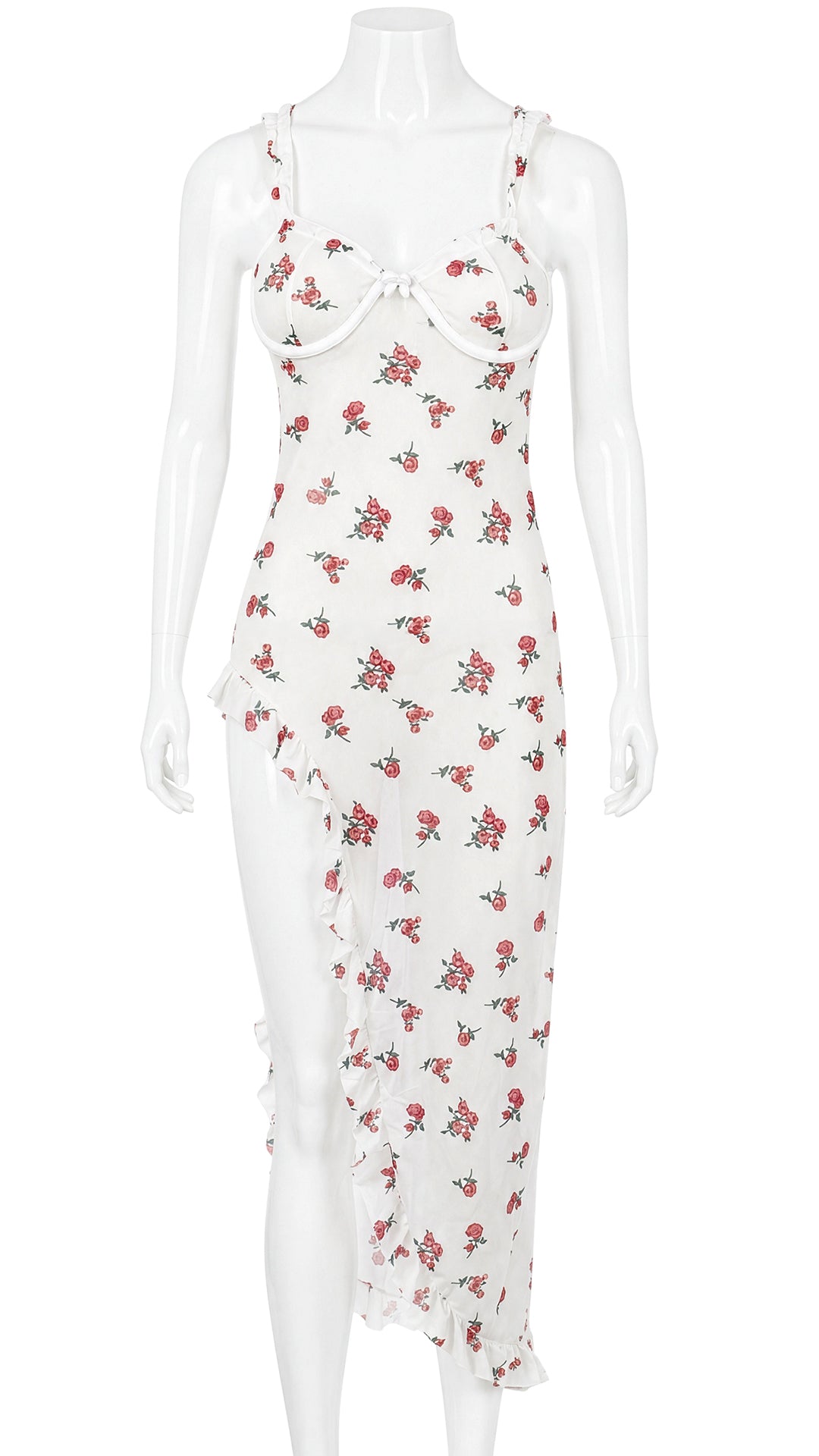 Product shot of white floral mesh underwire dress on white background