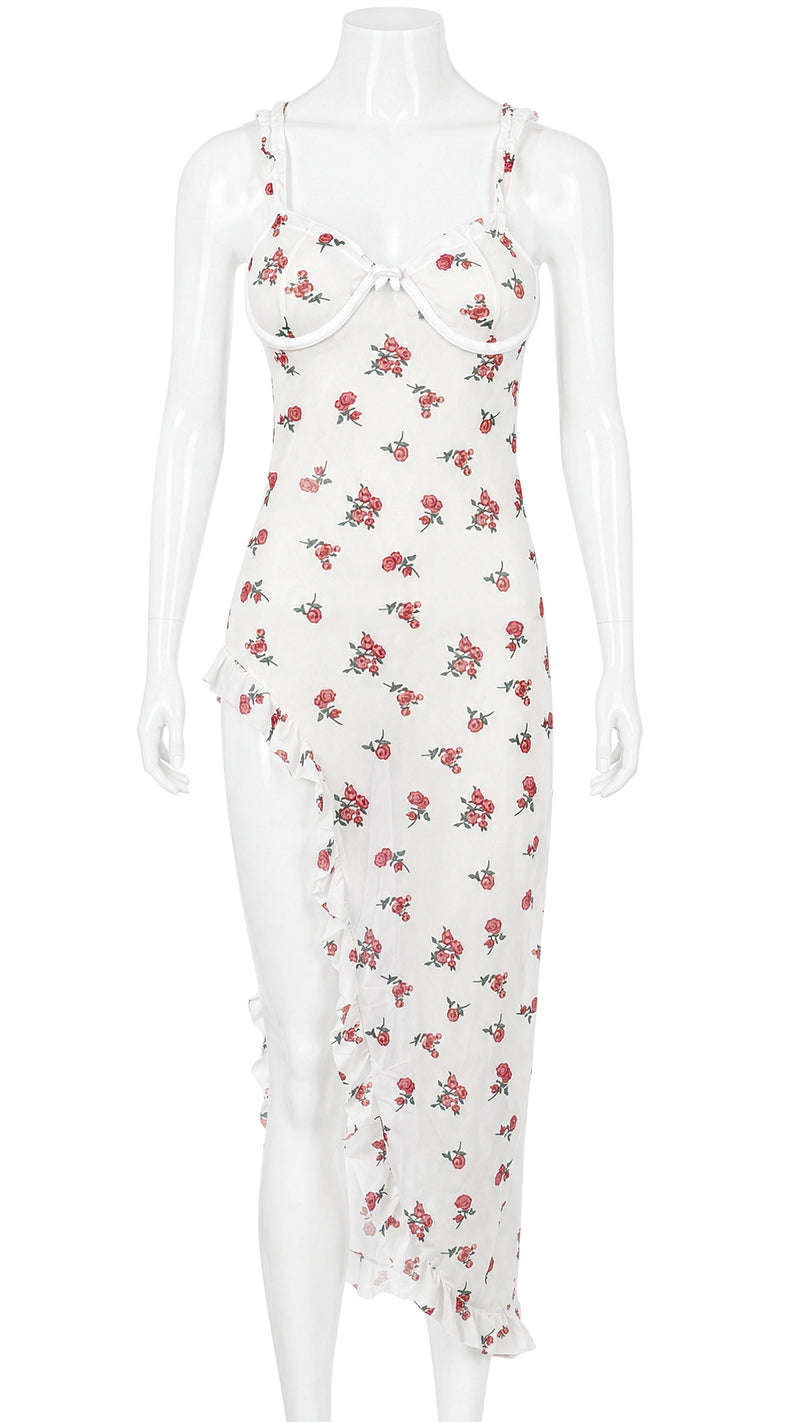 Product shot of white floral mesh underwire dress on white background