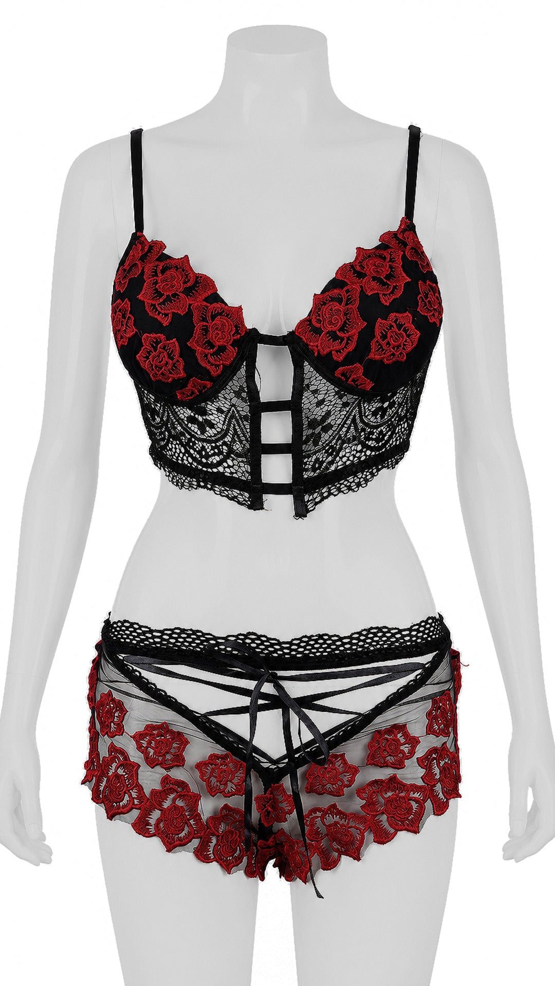 Black lace bra and panty set with red floral embroidery on mannequin, front view