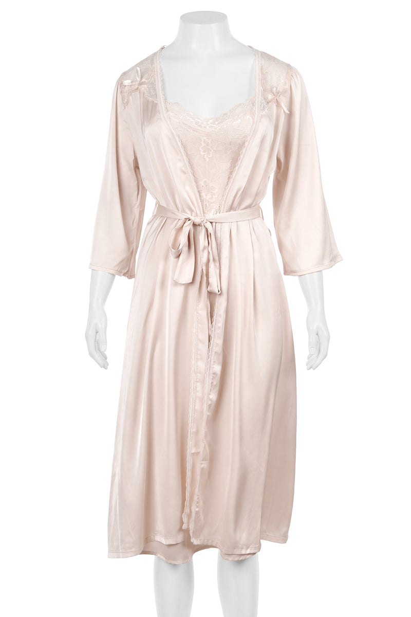 Front view of beige satin tie-waist robe on mannequin