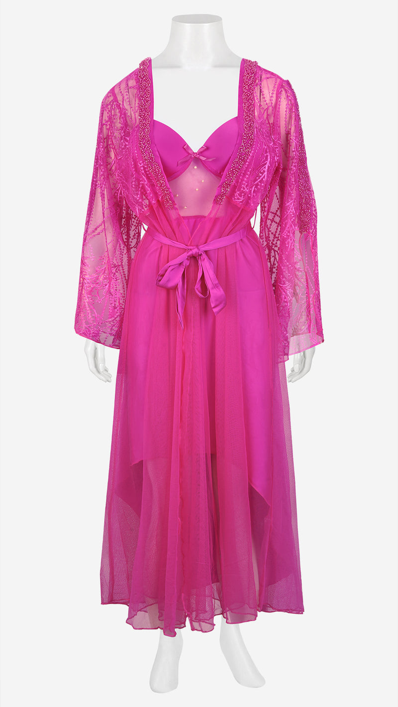 Fuchsia  Satin Nighty & Robe Set with Beaded Sleeves