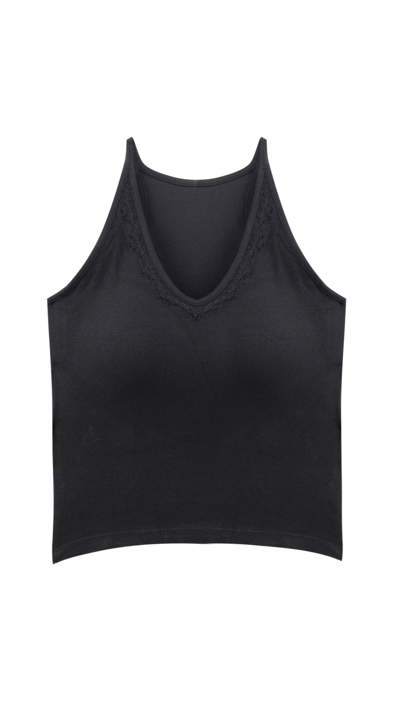 Black lace-trim racerback tank top flat lay, front view