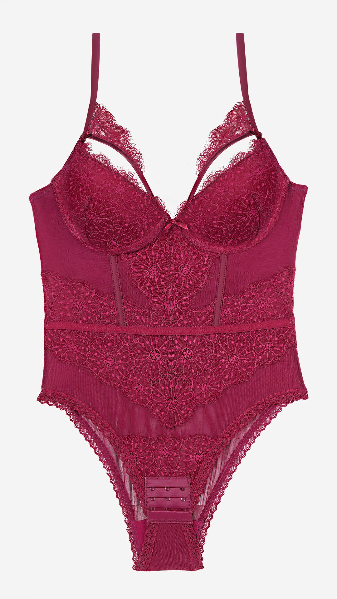 Savvyy Wine Floral Lace Bodysuit I Wired Cutout Strap