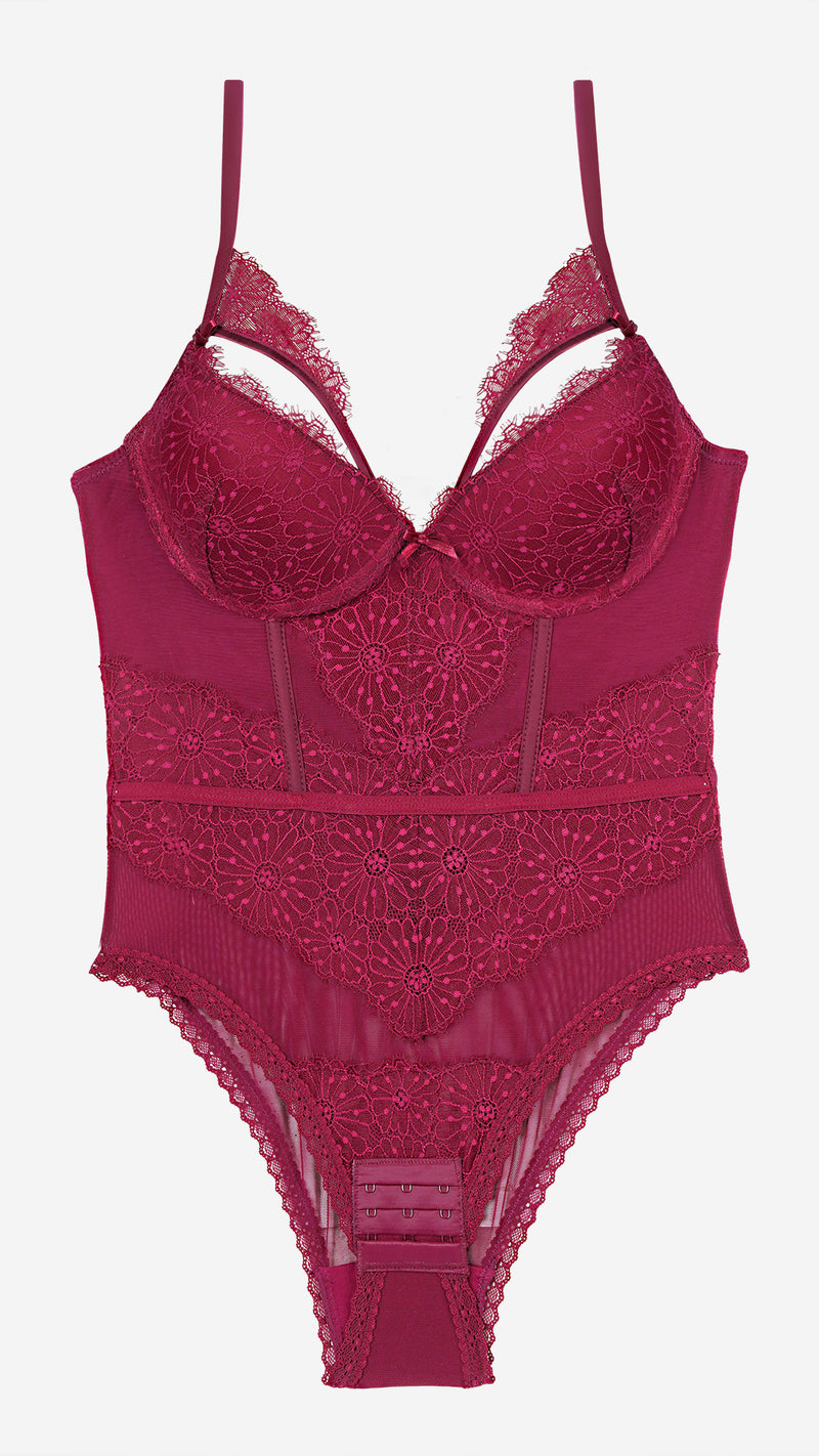 Savvyy Wine Floral Lace Bodysuit I Wired Cutout Strap