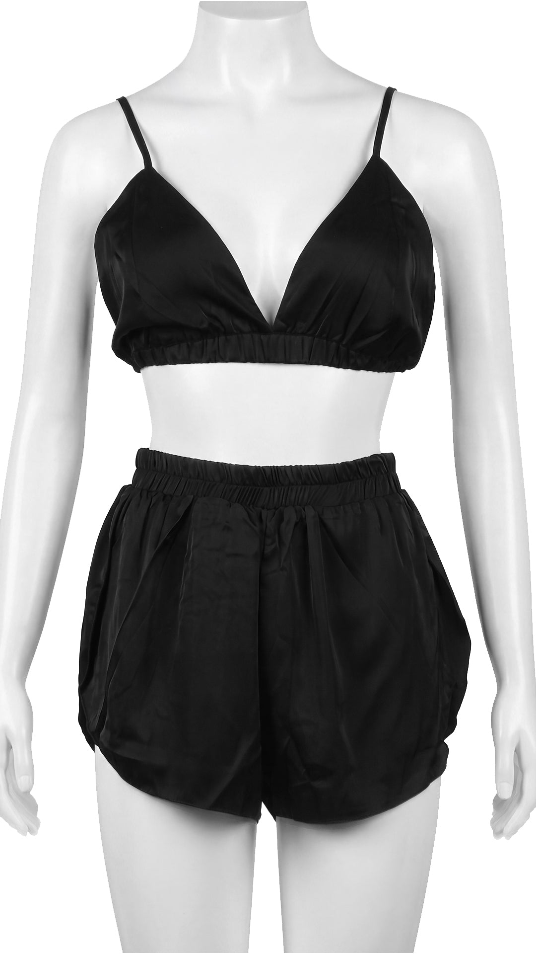 Product shot of black satin bralette and shorts on mannequin