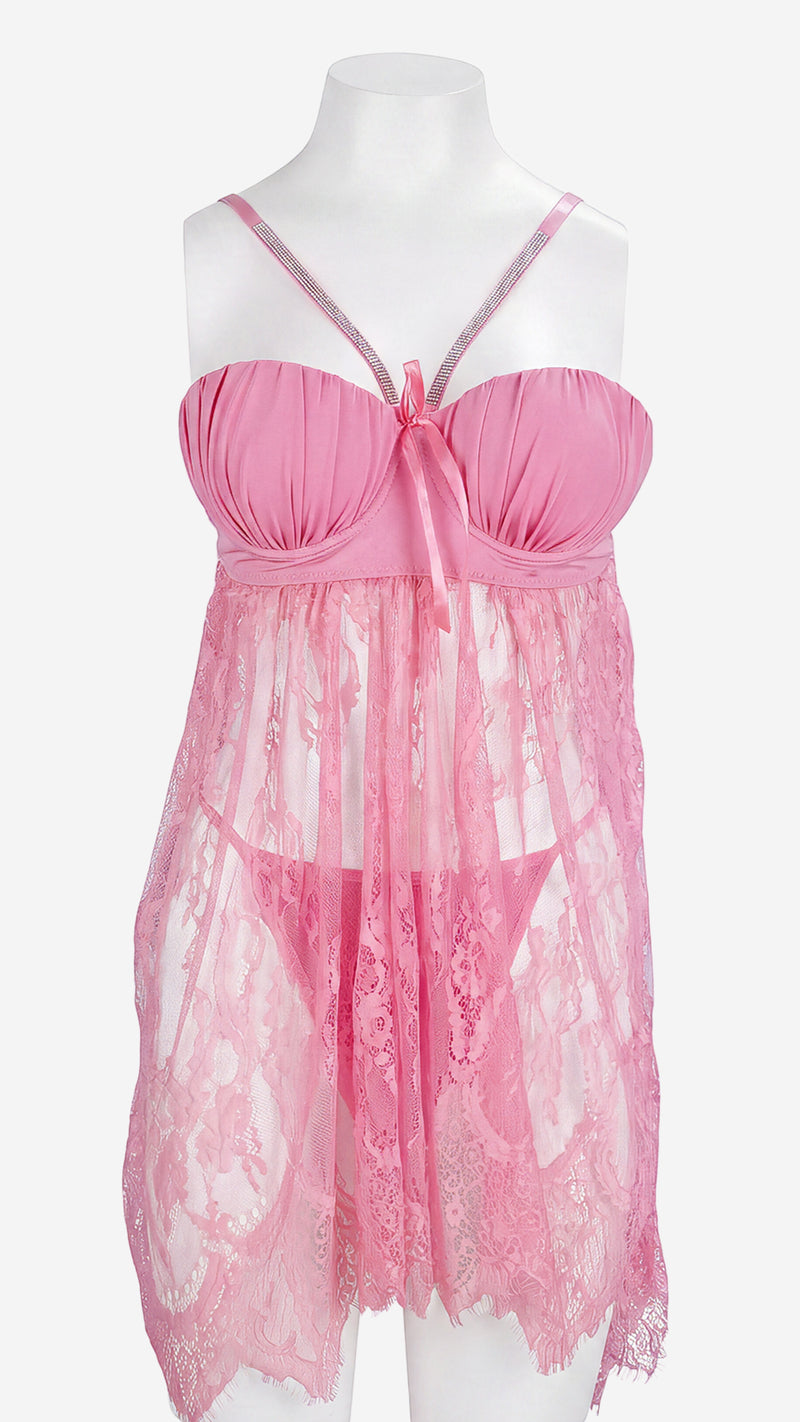 Padded Power Net Babydoll | Lace Skirt with Diamante Straps