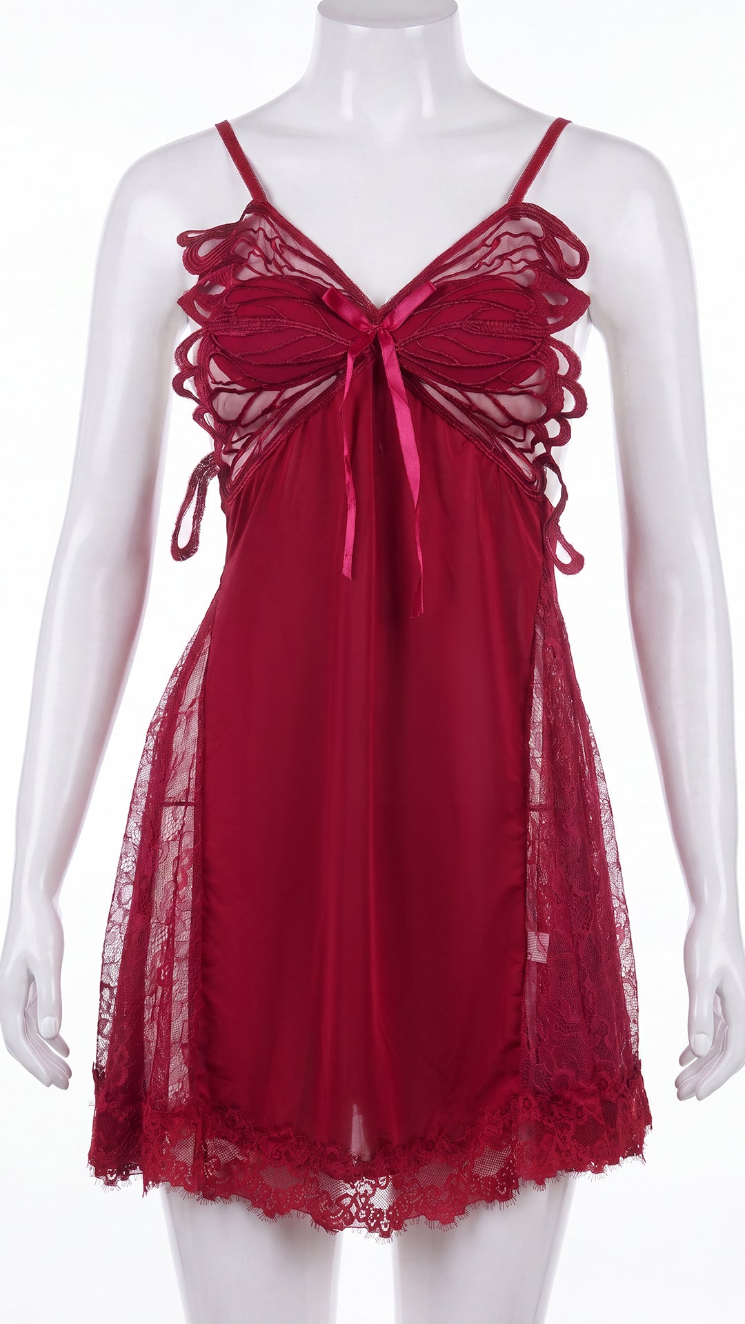 Wine red lace babydoll nightdress with cross-back straps on mannequin, front view