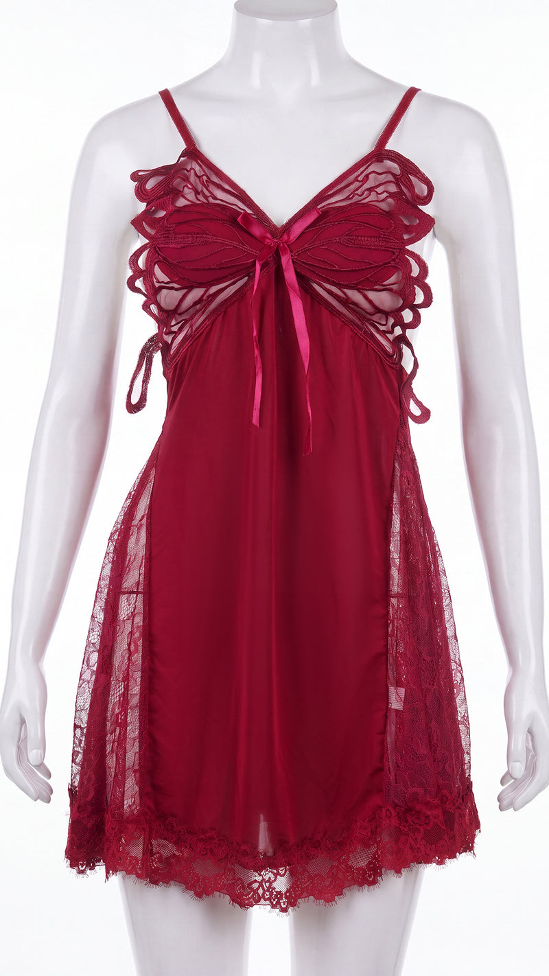 Wine red lace babydoll nightdress with cross-back straps on mannequin, front view