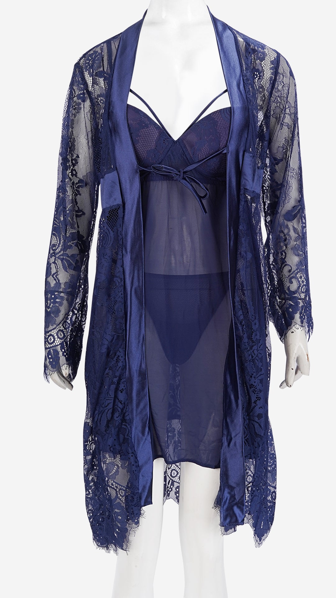 Satin-Trim Lace Robe & Power Net Padded Babydoll Set