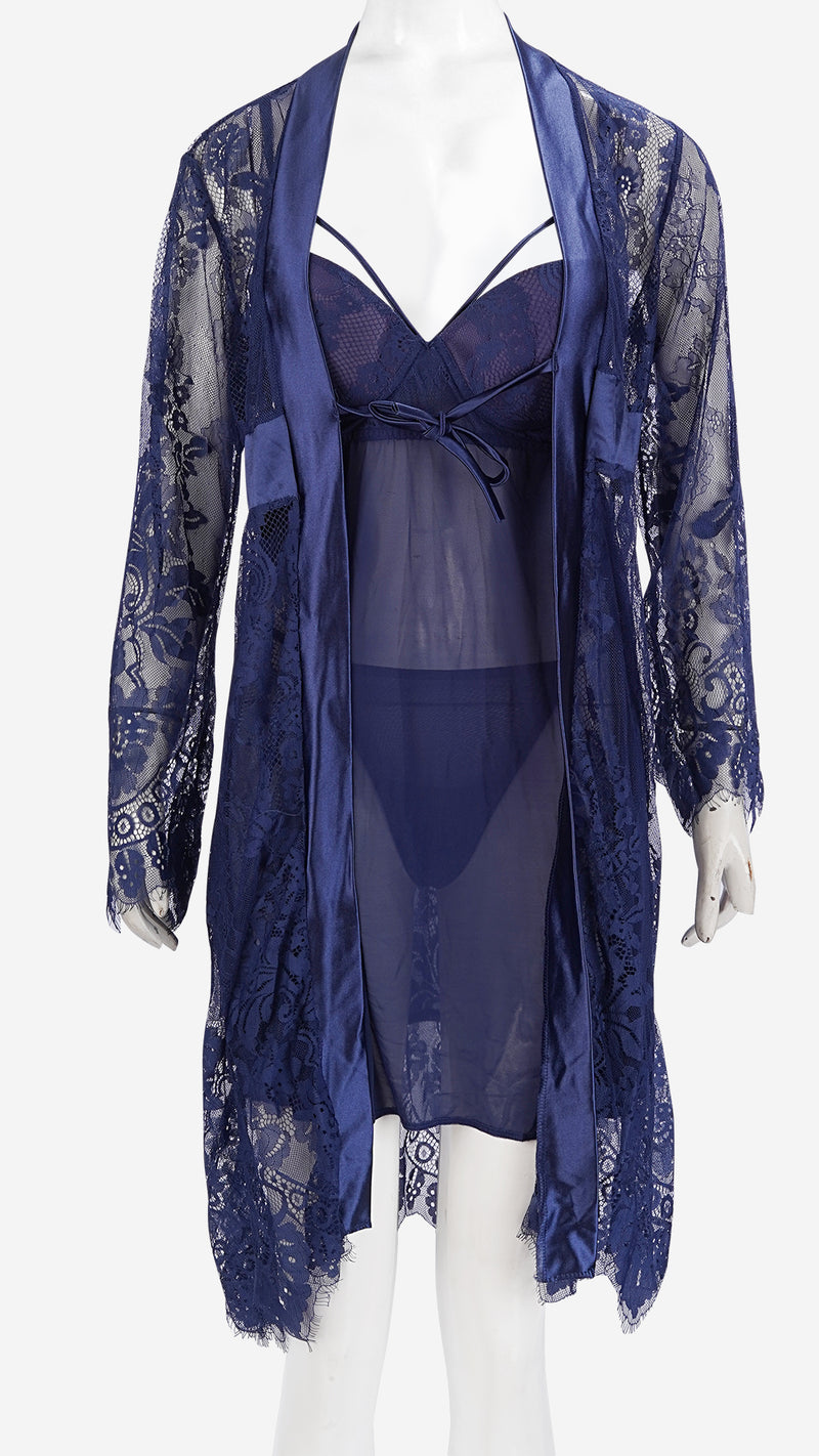 Satin-Trim Lace Robe & Power Net Padded Babydoll Set