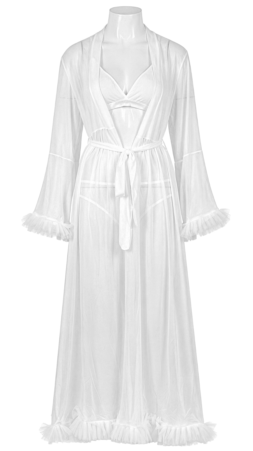 Mannequin display of white sheer ruffle-cuff robe