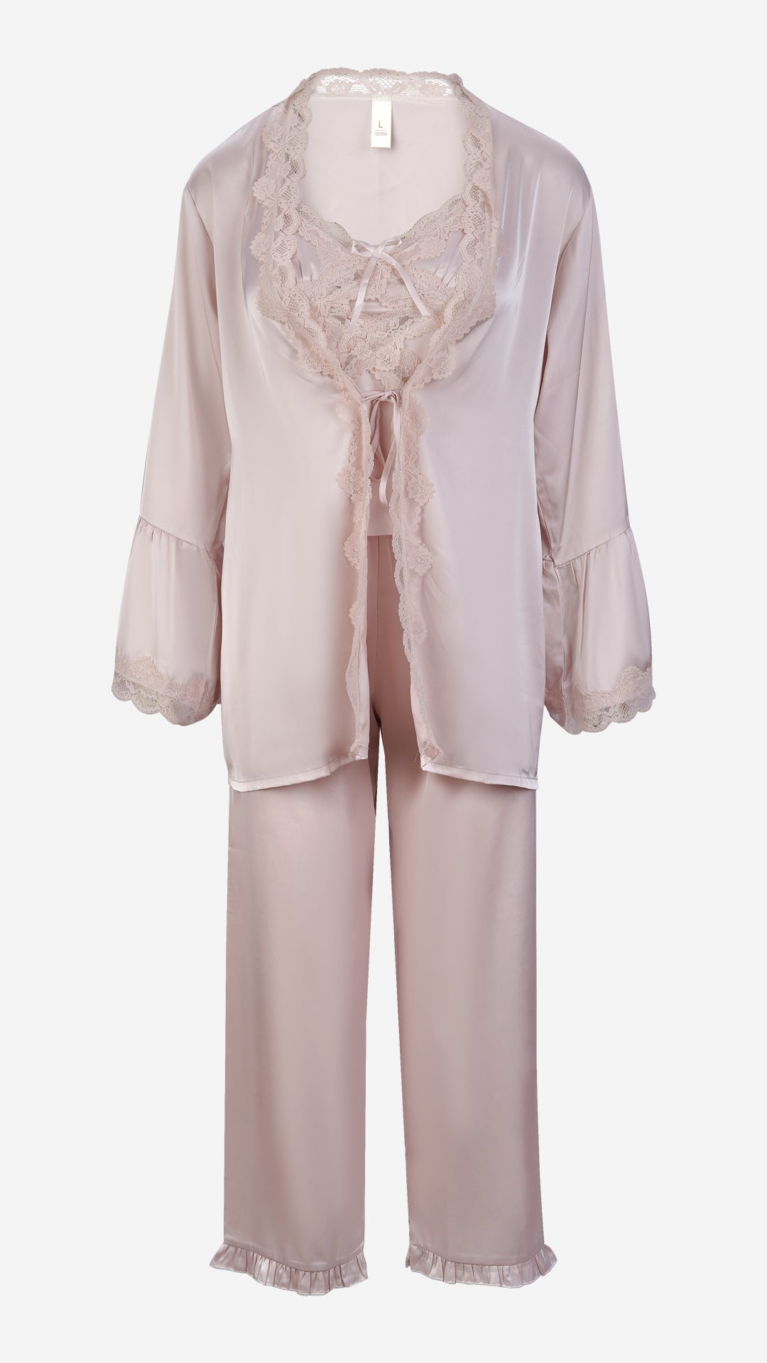 Blush Pink Satin Lace Cami, Pyjama & Robe Set