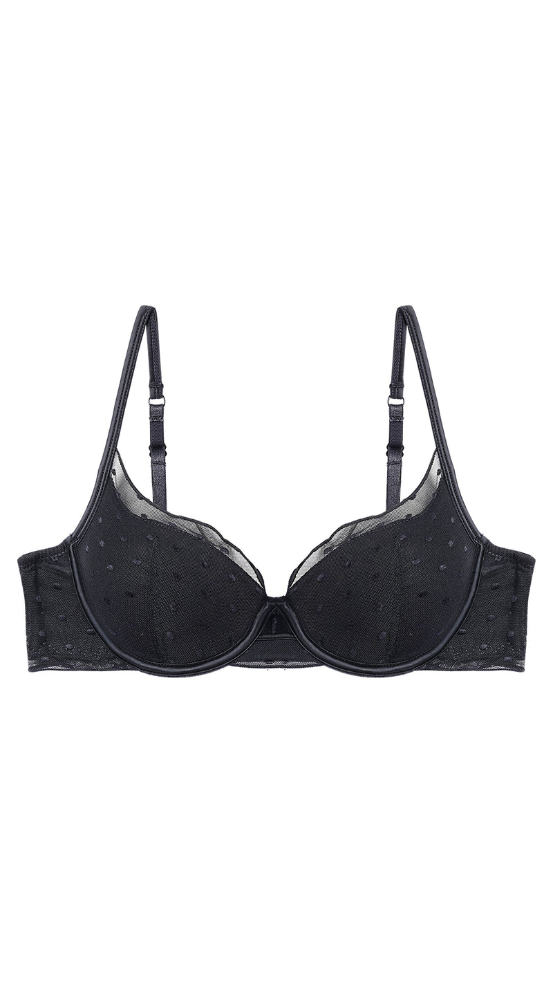Black Dot Mesh Bra – Padded, Wired, Keyhole