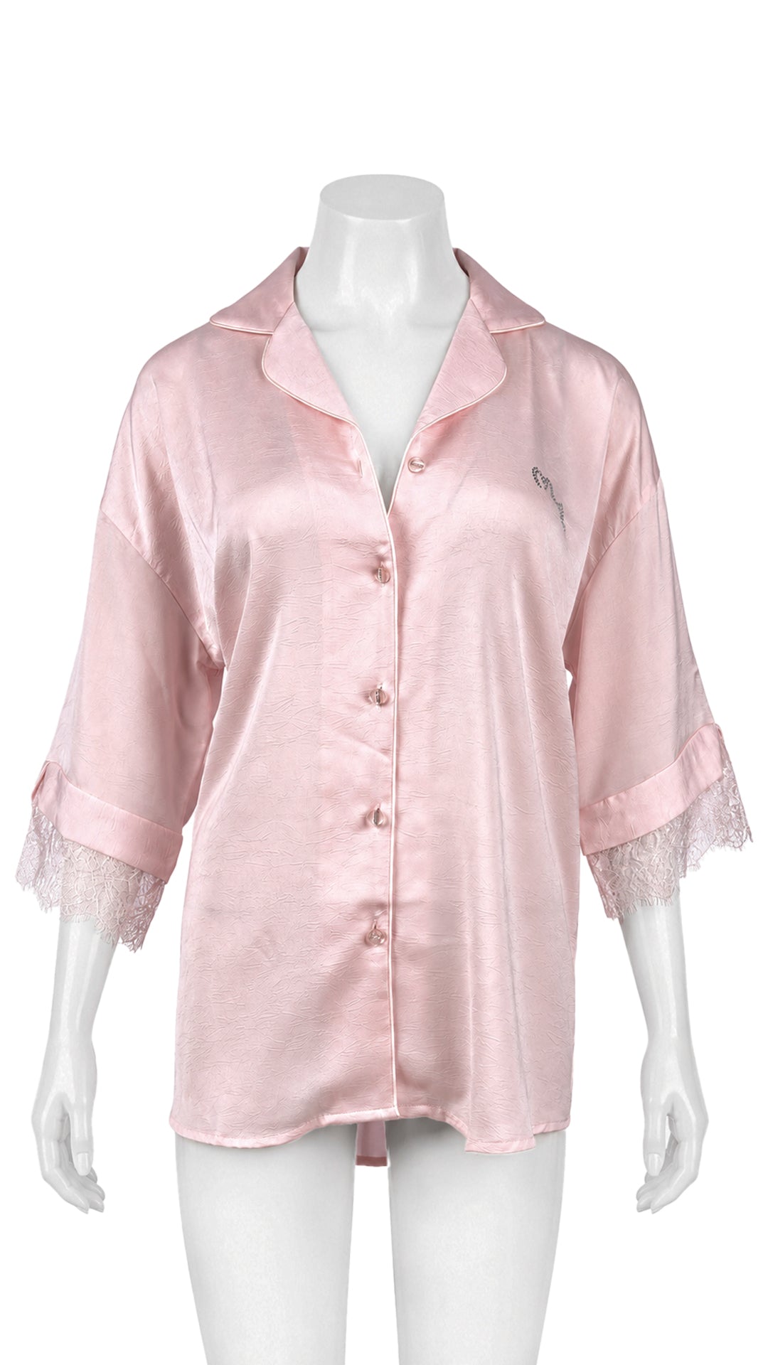 Pink satin sleep shirt with lace trim on mannequin, front view