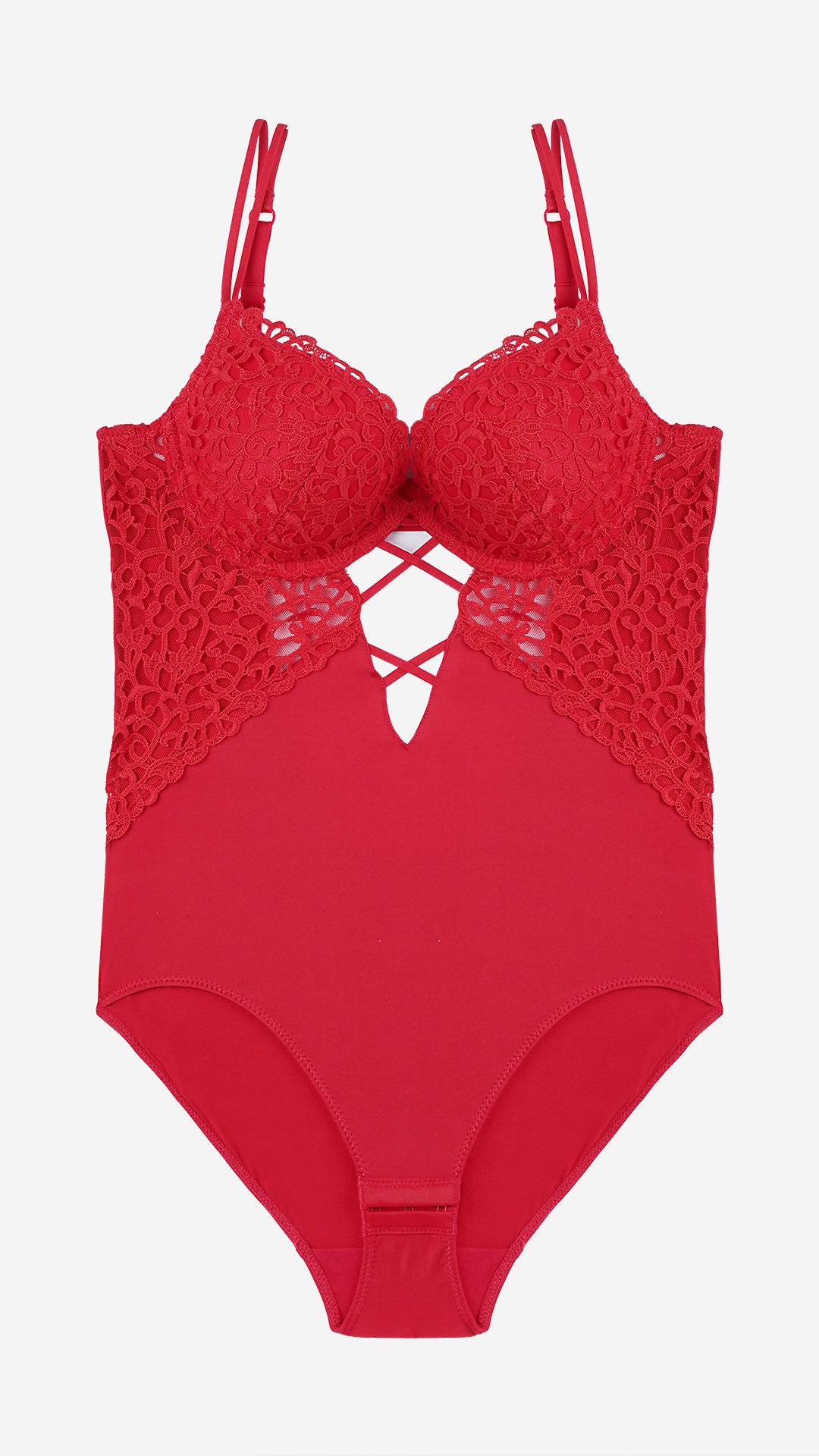 Red Lace Plunge Bodysuit with Strappy Cutout