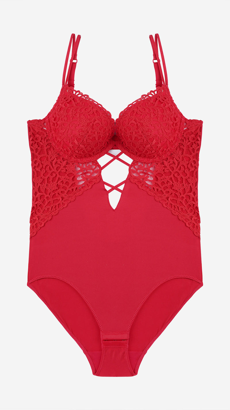 Red Lace Plunge Bodysuit with Strappy Cutout