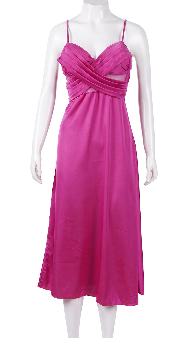 Pink satin nightdress with pleated bodice on mannequin, front view