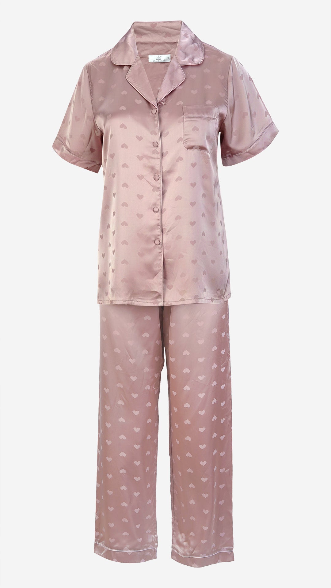 Umber Heart Jacquard Satin Pajama Set — Shirt, Shorts & Pants