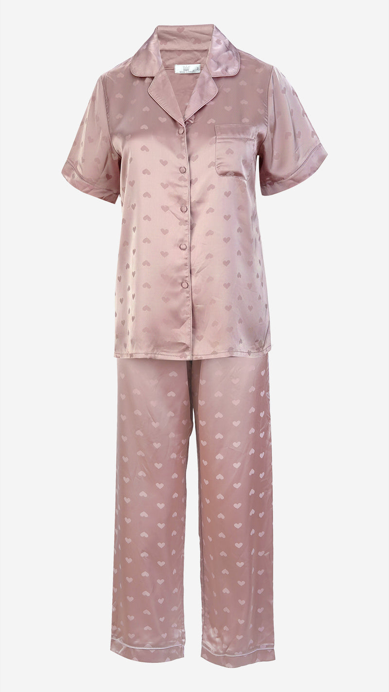 Umber Heart Jacquard Satin Pajama Set — Shirt, Shorts & Pants