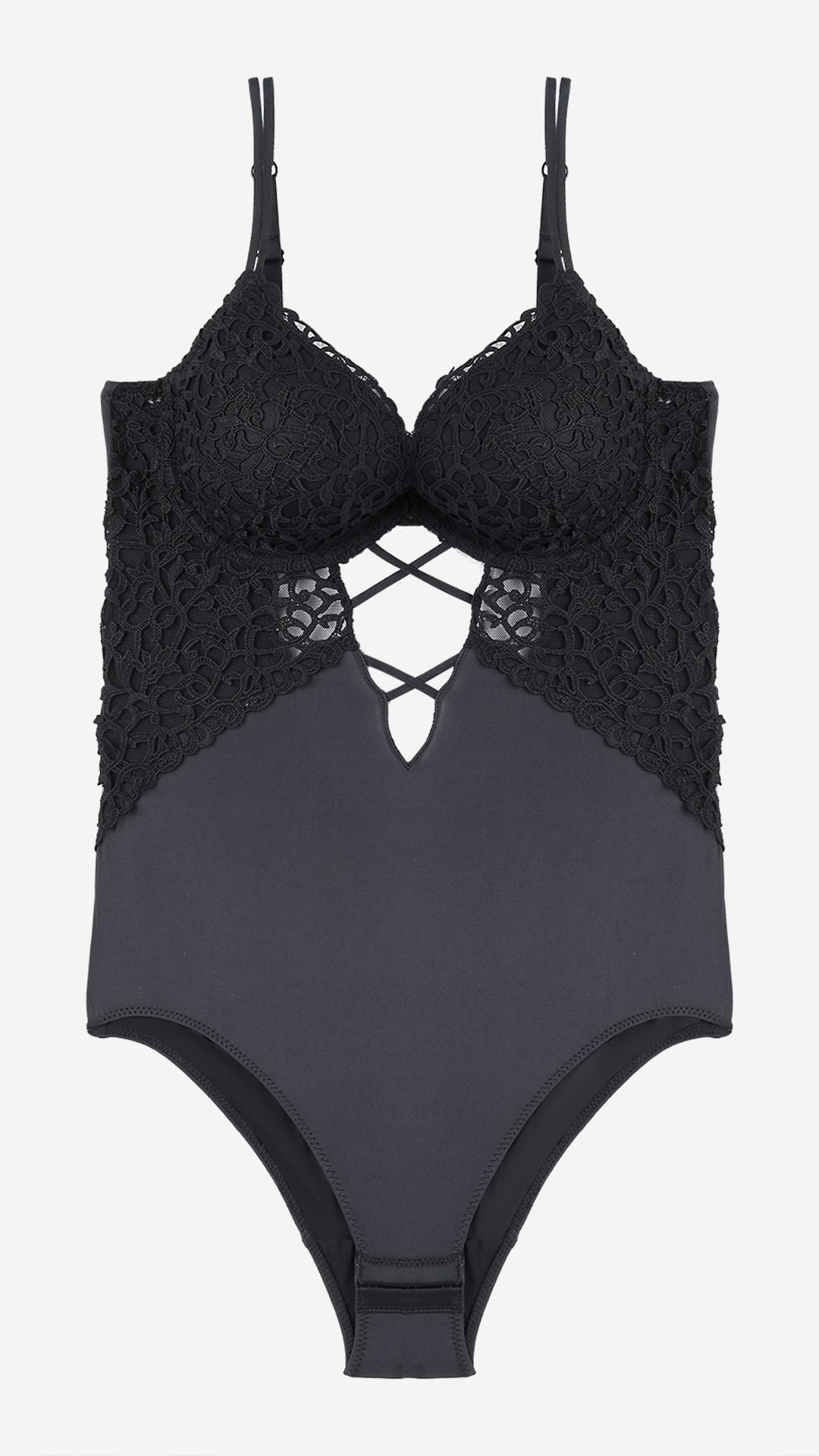 Black Lace Plunge Bodysuit with Strappy Cutout
