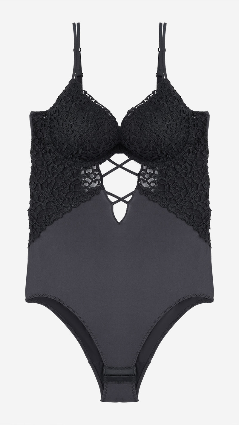 Black Lace Plunge Bodysuit with Strappy Cutout