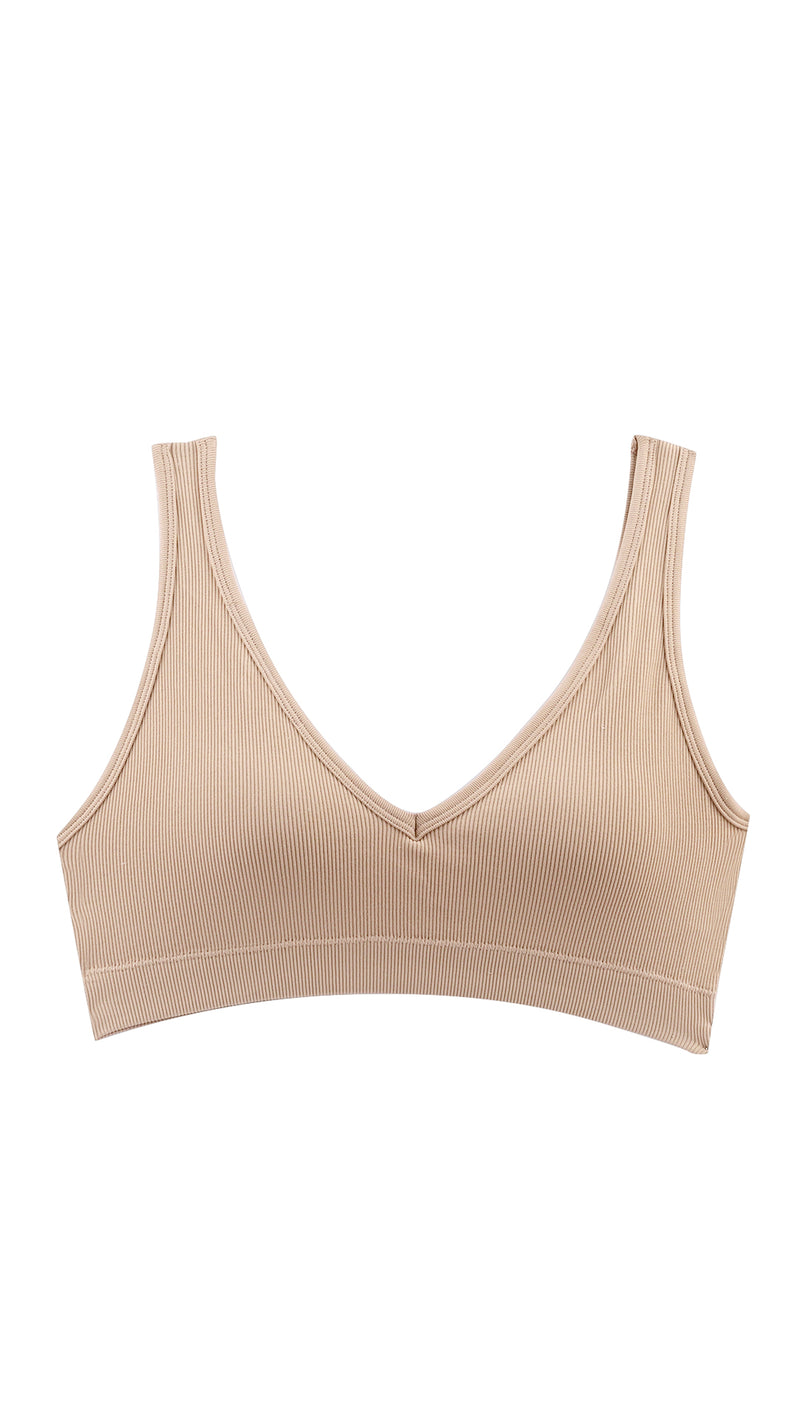 Beige ribbed V-neck wireless bra on white background, front flat lay