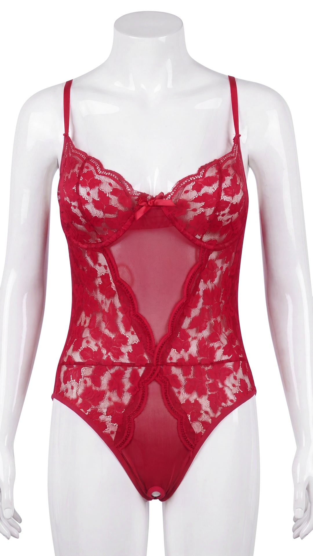 Red lace bodysuit on mannequin, front view