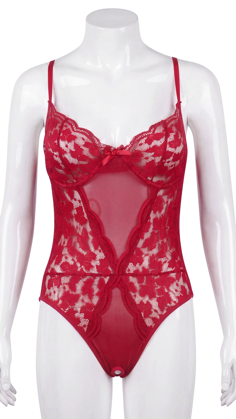 Red lace bodysuit on mannequin, front view