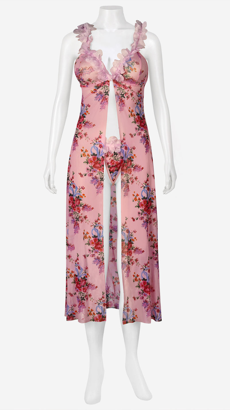 Pine Sheer Floral Trim Long Babydoll Gown