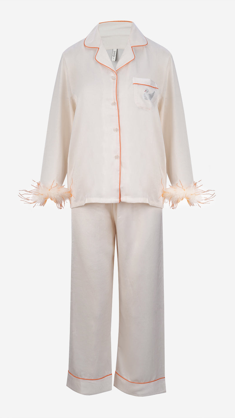 Vanilla Silk Satin Feather-Cuff Pajama Set