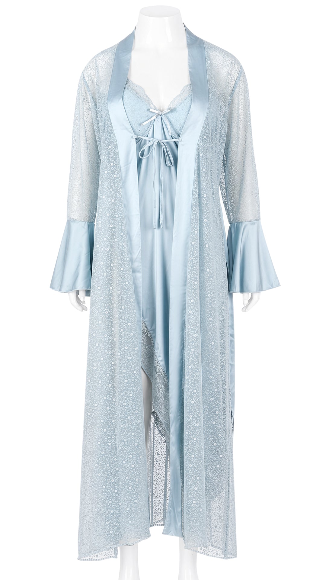 Mannequin display of pale blue sheer lace robe over satin nightgown