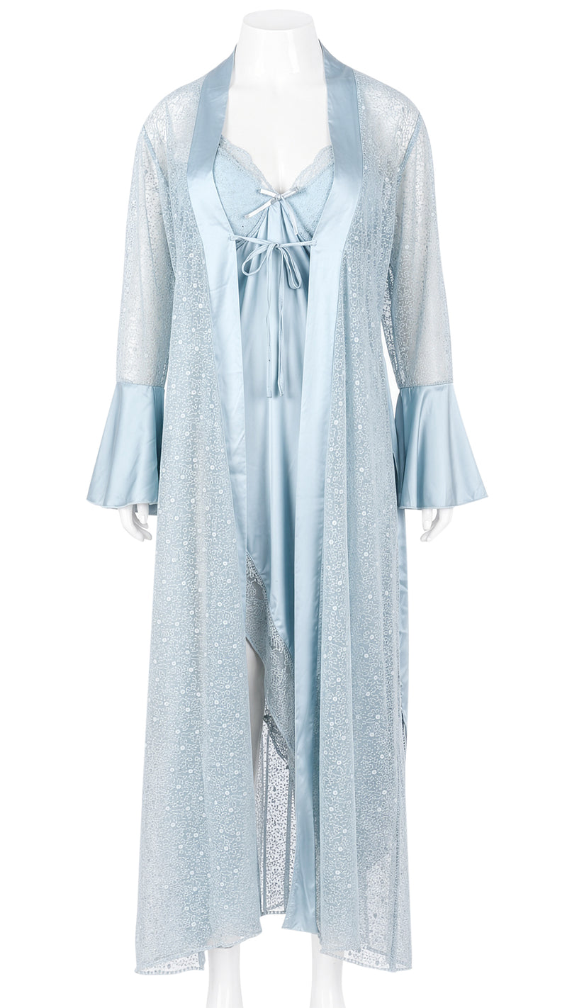 Mannequin display of pale blue sheer lace robe over satin nightgown