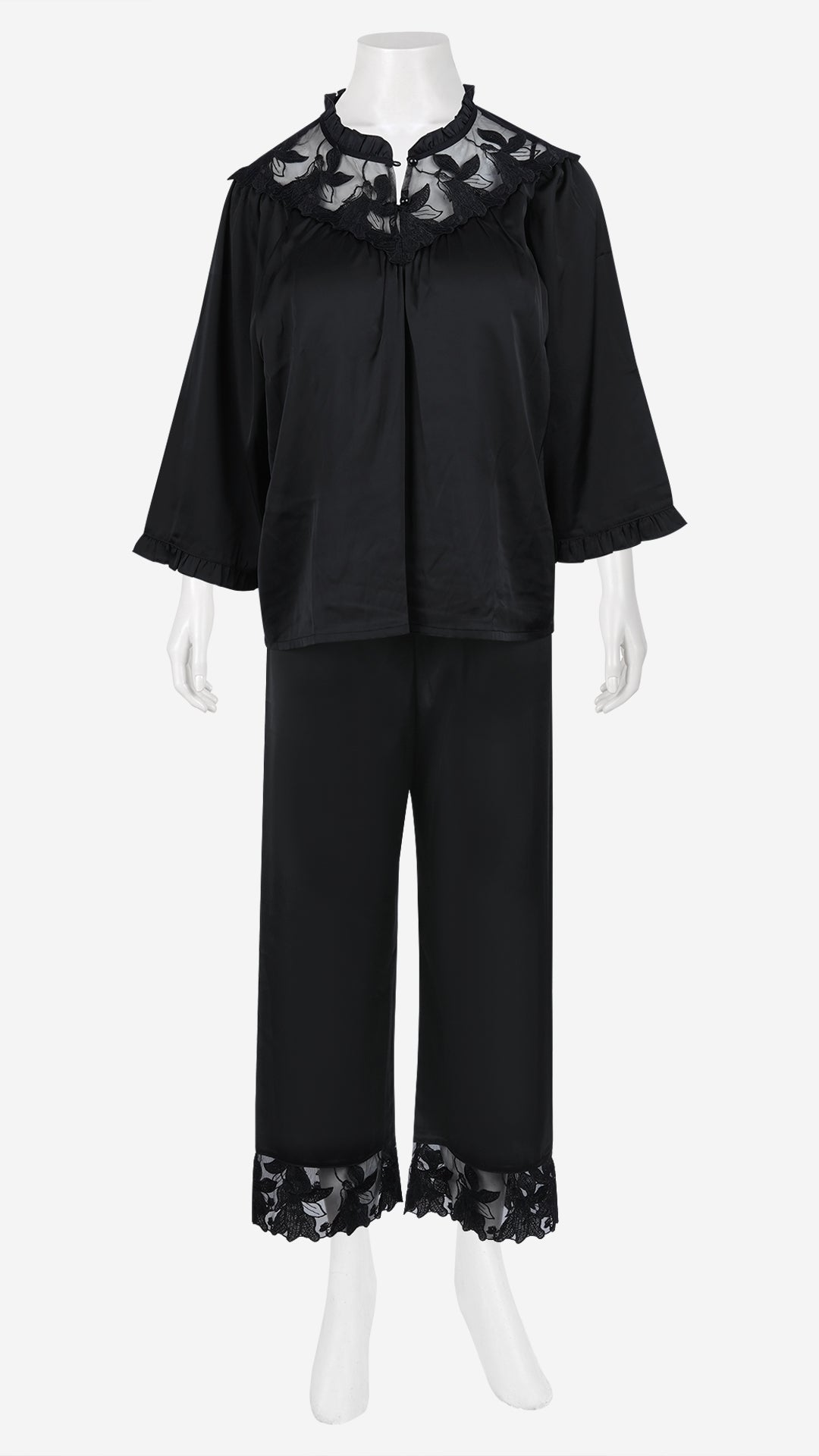Black Lace Yoke Padded Top & Pajama Set