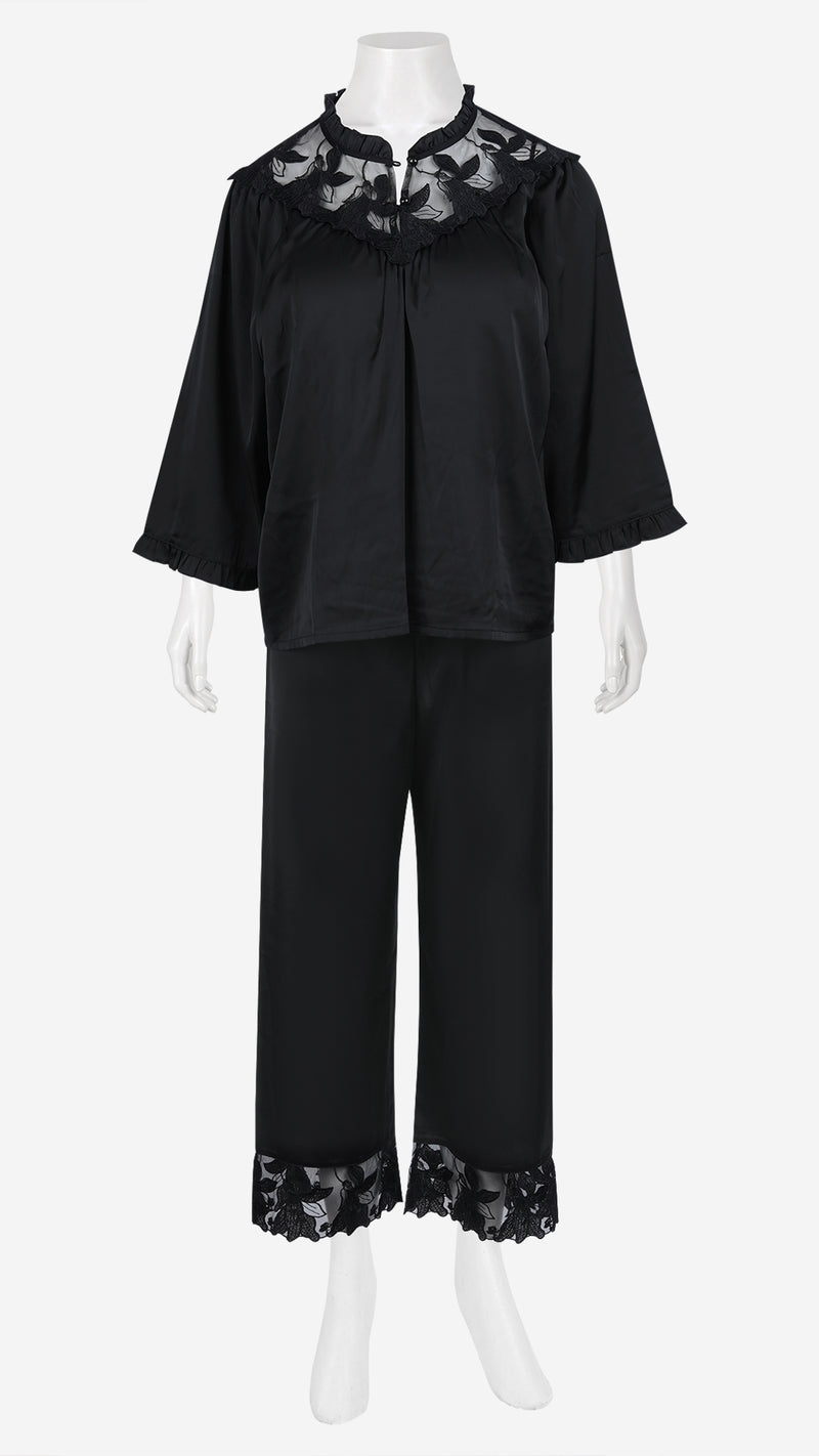 Black Lace Yoke Padded Top & Pajama Set