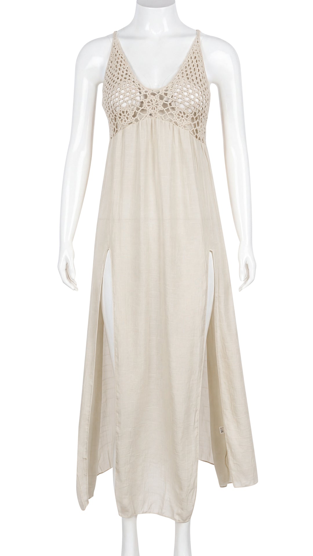 Front view of beige crochet-top maxi dress on mannequin