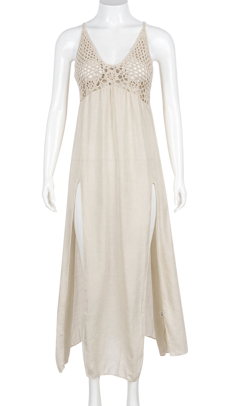 Front view of beige crochet-top maxi dress on mannequin
