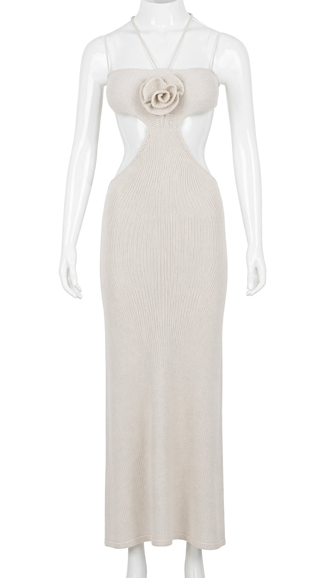 Front view of beige ribbed knit dress on mannequin