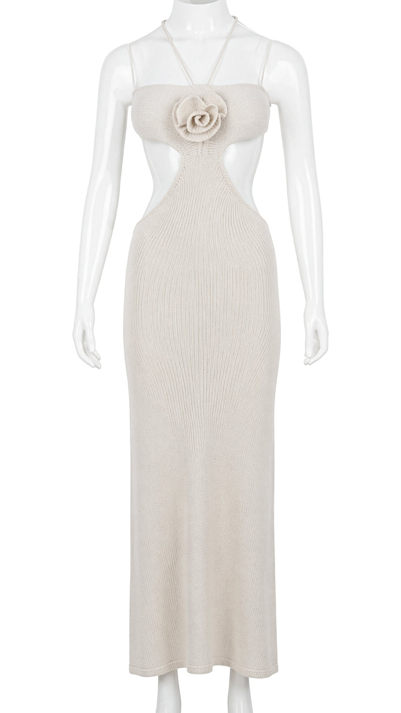 Front view of beige ribbed knit dress on mannequin
