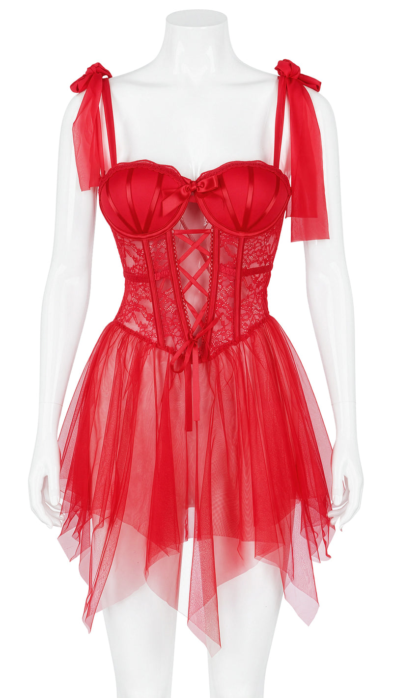Mannequin display of red lace-up corset dress with tulle hem