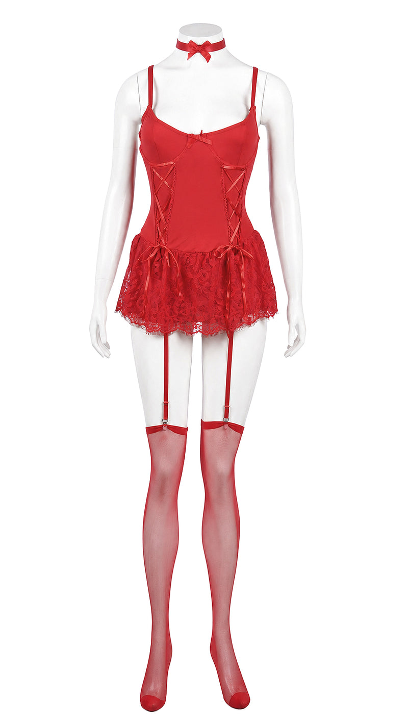 Red lace-up babydoll nightdress with garter straps and stockings on mannequin, front view