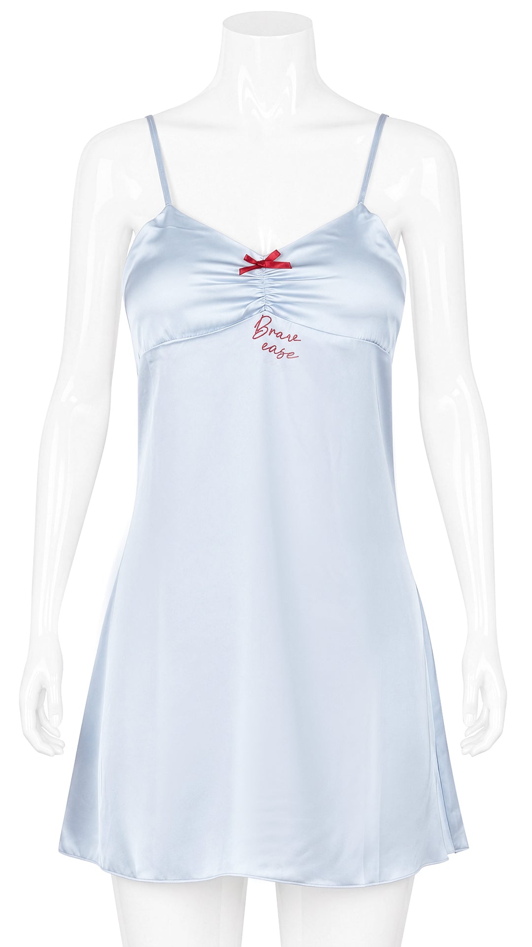 Mannequin display of pale blue satin chemise with red bow detail